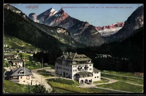 AK Canazei, Hotel Dolomitenhaus Canazei mit Marmoleda und Vernel