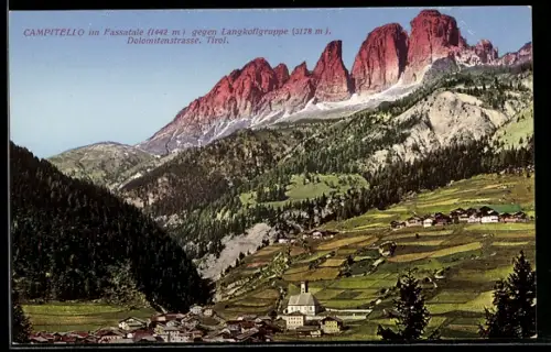 AK Campitello im Fassatale, Panorama gegen Langkoflgruppe