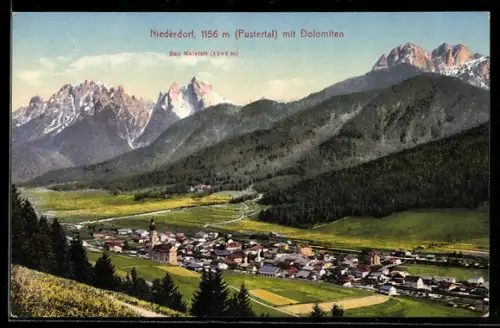 AK Niederdorf, Ortsansicht mit Dolomiten