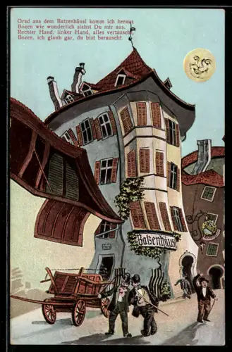 Wirtshaus-AK Bozen, Batzenhäusl aus der Sicht eines Betrunkenen