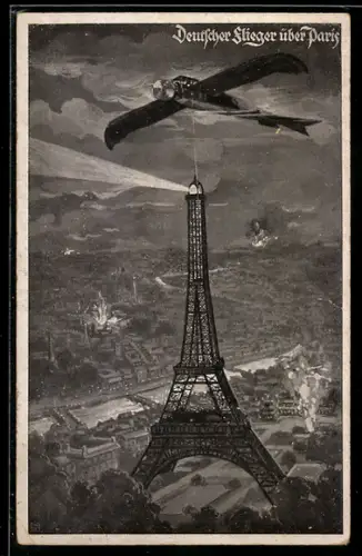 AK Paris, Flugzeug, Deutscher Bomber bei einem Luftangriff über dem Eiffelturm
