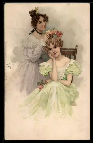 AK Zwei schöne Frauen in Kleidern mit Blumen im Haar