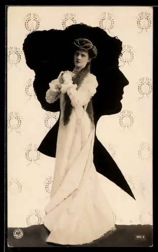 Foto-AK NPG Nr. 601 /4: Junge Frau im weissen Kleid vor Scherenschnitt Frauenportrait