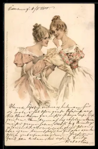 AK Zwei Fräuleins mit einer Tüte Süssigkeiten, Jugendstil