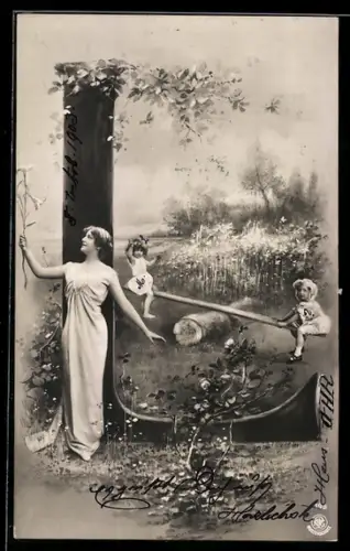 AK Der Buchstabe L als Baum, Frau mit einer Blume und Kindern auf der Wippe im Park