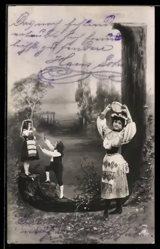 AK Buchstabe J, Tänzerin und Kinder mit Seifenblasen, Montage