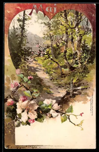 Künstler-AK Theodor Guggenberger: Waldweg im Frühling, Blühender Zweig - Mai