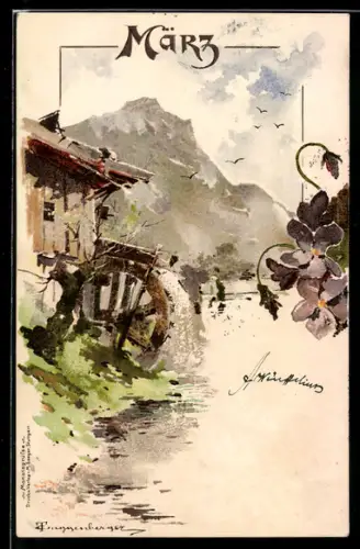 Künstler-AK Theodor Guggenberger: Allegorie März, Wassermühlrad im Betrieb