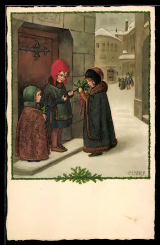 Künstler-AK Pauli Ebner: Kinder binden Kränze vor der Tür