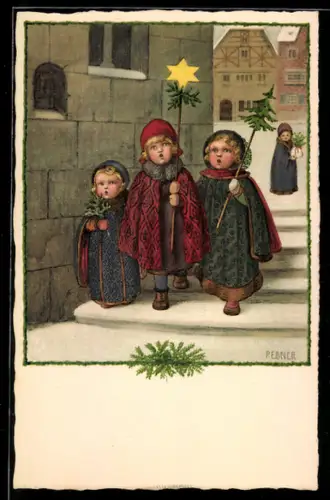 Künstler-AK Pauli Ebner: Drei kleine Kinder singen zu Weihnachten