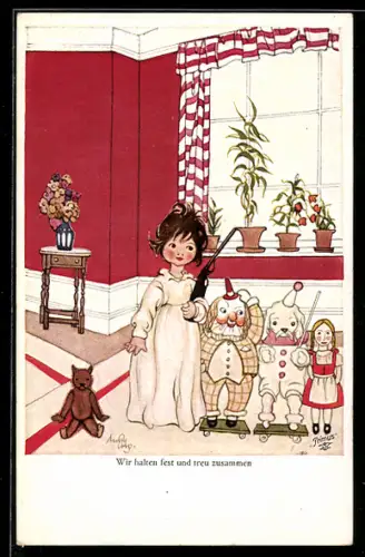 Künstler-AK sign. Anny Engelmann: Mädchen mit Puppen und Spielzeuggewehr