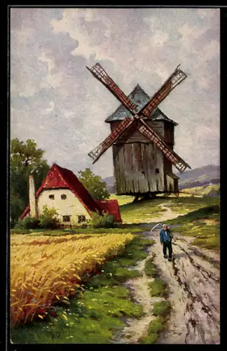 Künstler-AK Winand Elsmann-Verlag Nr. 1295, Bockwindmühle in Norddeutschland