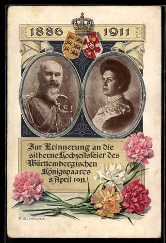 AK Silberne Hochzeit Württ. Königspaar 1911, Portraits, Wappen, Nelken