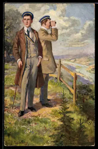 Künstler-AK Georg Mühlberg: Zwei Studenten am Rhein