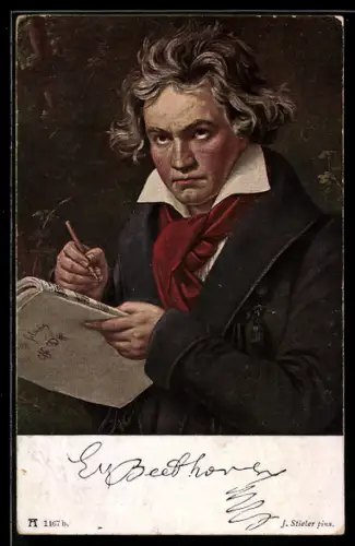 Künstler-AK Ludwig van Beethove blickt von seinem Notenheft auf