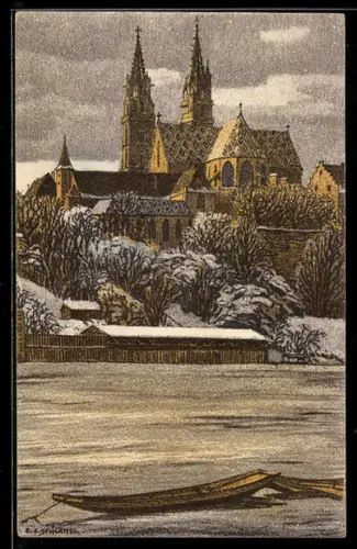 Künstler-AK Ernst E.Schlatter: Basel, Münster im Winter