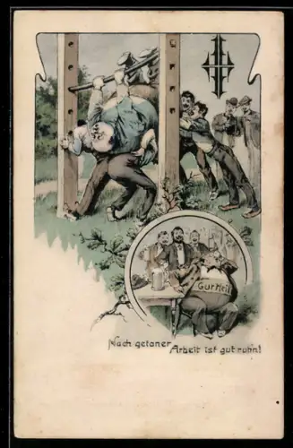 Künstler-AK Kameraden helfen dickem Turner bei seiner Übung am Reck