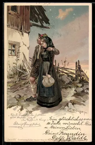 Künstler-AK E. Döcker: Bauernpaar in Tracht steht vor zerstörter Berghütte