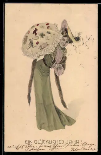 Künstler-AK Theo Stroefer Serie 436 Nr. 2: Fräulein mit Schirm, Neujahrsgruss