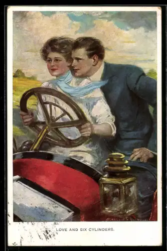Künstler-AK Clarence F. Underwood: Fliegende Herzen, Paar im Automobil
