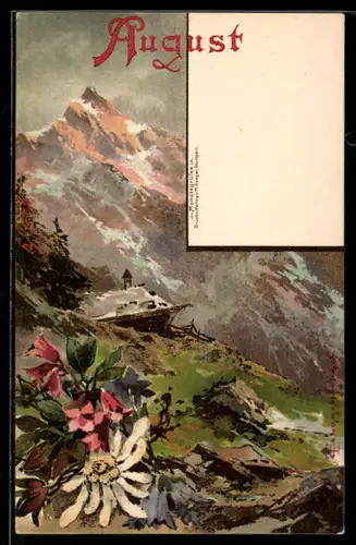 Künstler-AK Theodor Guggenberger: Gebirgslandschaft mit Edelweis - August