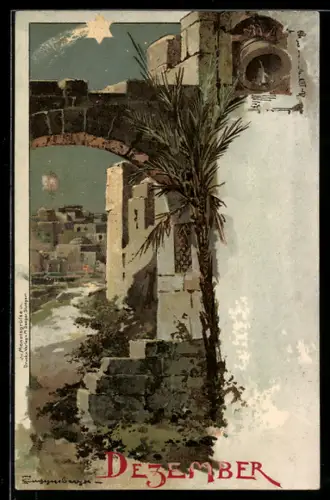 Künstler-AK T.Guggenberger: Palme vor Torbogen und Turm mit Glocke - Allegorie
