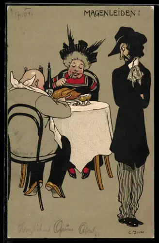 AK Mal d`Estomac, Dünner Mann schaut dickem Paar beim Essen zu