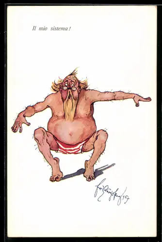 Künstler-AK Fritz Schönpflug: Mann mit rundem Bauch macht Kniebeuge