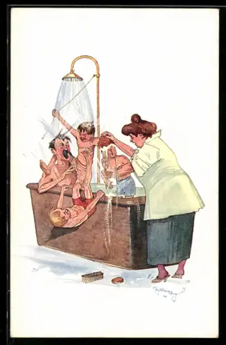 Künstler-AK Fritz Schönpflug: Ehemann und Kinder sitzen in der Badewanne