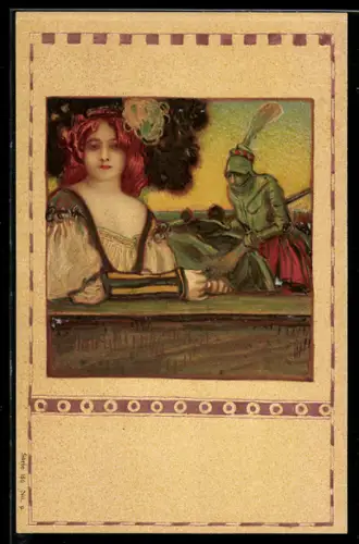 Künstler-AK Maid erwartet den Ritter. Jugendstil