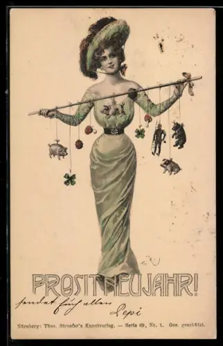 Künstler-AK Theo Zasche: Frau mit Hut hält einen Stock mit Glücksbringern zum neuen Jahr