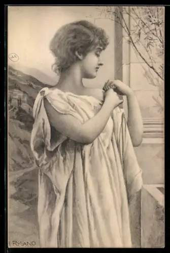 Künstler-AK Henry Ryland: Junge Frau richtet ihr Kleid