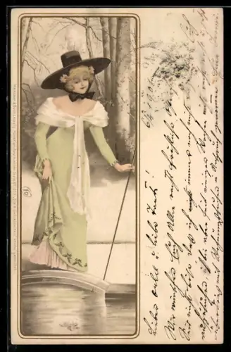 Künstler-AK Meissner & Buch (M&B) Nr. 1053: Die 4 Jahreszeiten, Allegorie, junge Dame am Wasser