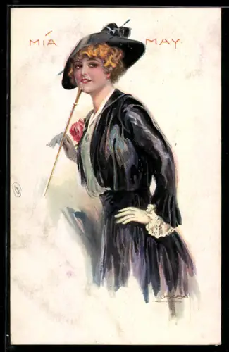 Künstler-AK Luis Usabal: Mia May mit Hut und Stock