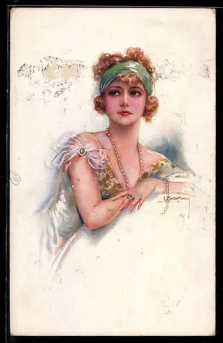 Künstler-AK Luis Usabal: Portrait von Mia May im Abendkleid