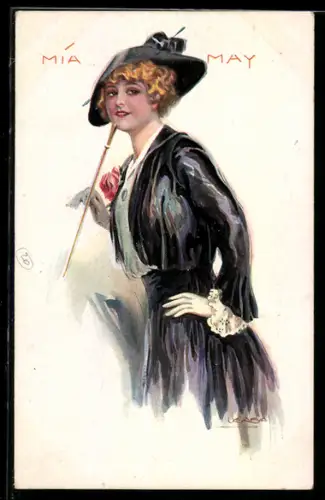 Künstler-AK Luis Usabal: Mia May mit Hut und Stock