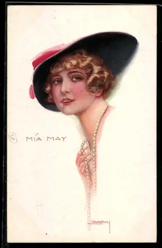 Künstler-AK Luis Usabal: Mia May, Junge Dame mit Perlenkette und Hut