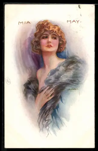 Künstler-AK Luis Usabal: Schauspielerin Mia May in blauem Kleid mit Stola