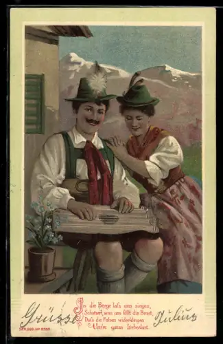 Lithographie In die Berge lass uns singen..., Zitherspieler