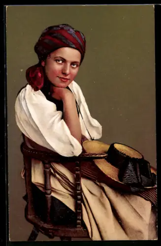 AK Bern, Haslitalerin in Tracht mit Hut sitzt auf einem Stuhl
