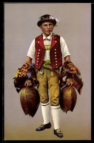 AK Appenzell, Appenzeller Senn in Tracht mit Kuhglocken, Schweiz