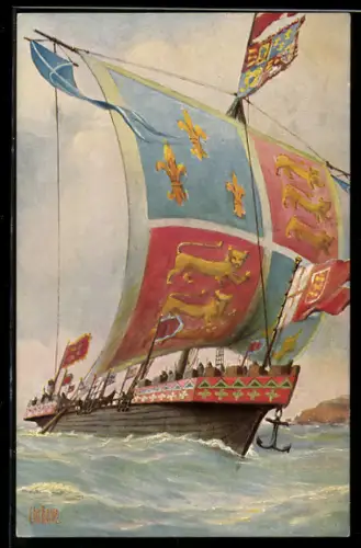 Künstler-AK Christopher Rave: Marine-Galerie, Karte Nr. 58, Englisches Kriegsschiff, 14. Jahrh.