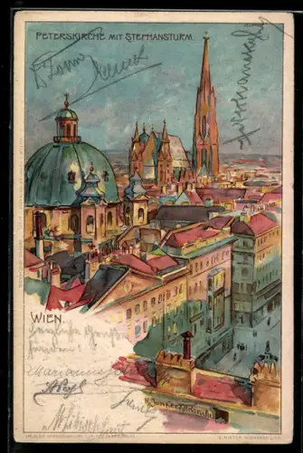 Künstler-AK Wien, Peterskirche mit Stephansturm