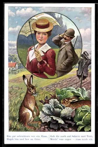 Künstler-AK Feldhase am Kohl, Jäger