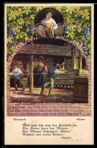 Künstler-AK Weinmond Oktober, Verarbeitung von Wein
