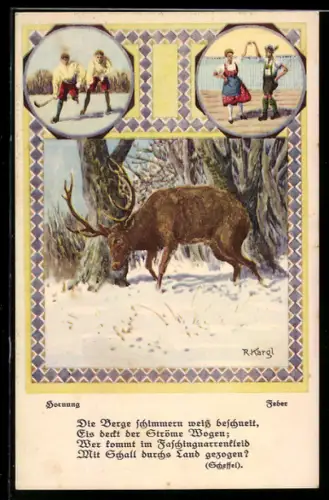 Künstler-AK R. Kargl: Allegorie Feber, Hornung eines Hirsches