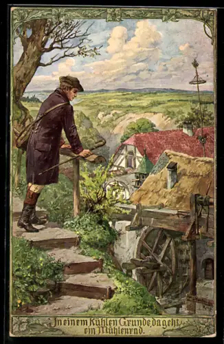 Künstler-AK Hans Kaufmann: Wanderer guckt auf eine Wassermühle hinab