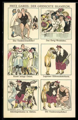 Künstler-AK F. Gareis: Der geknickte Shampion, Bildergeschichte