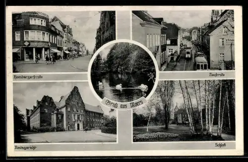 AK Moers, Radio-Moseler in der Hombergerstrasse, Amtsgericht, Strassenbahn in der Neustrasse, Schloss, Teich