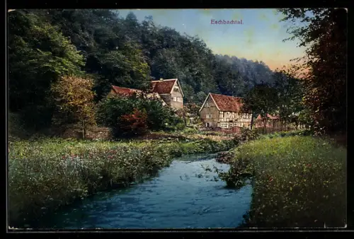 AK Eschbachtal, Uferpartie mit Fachwerkhaus